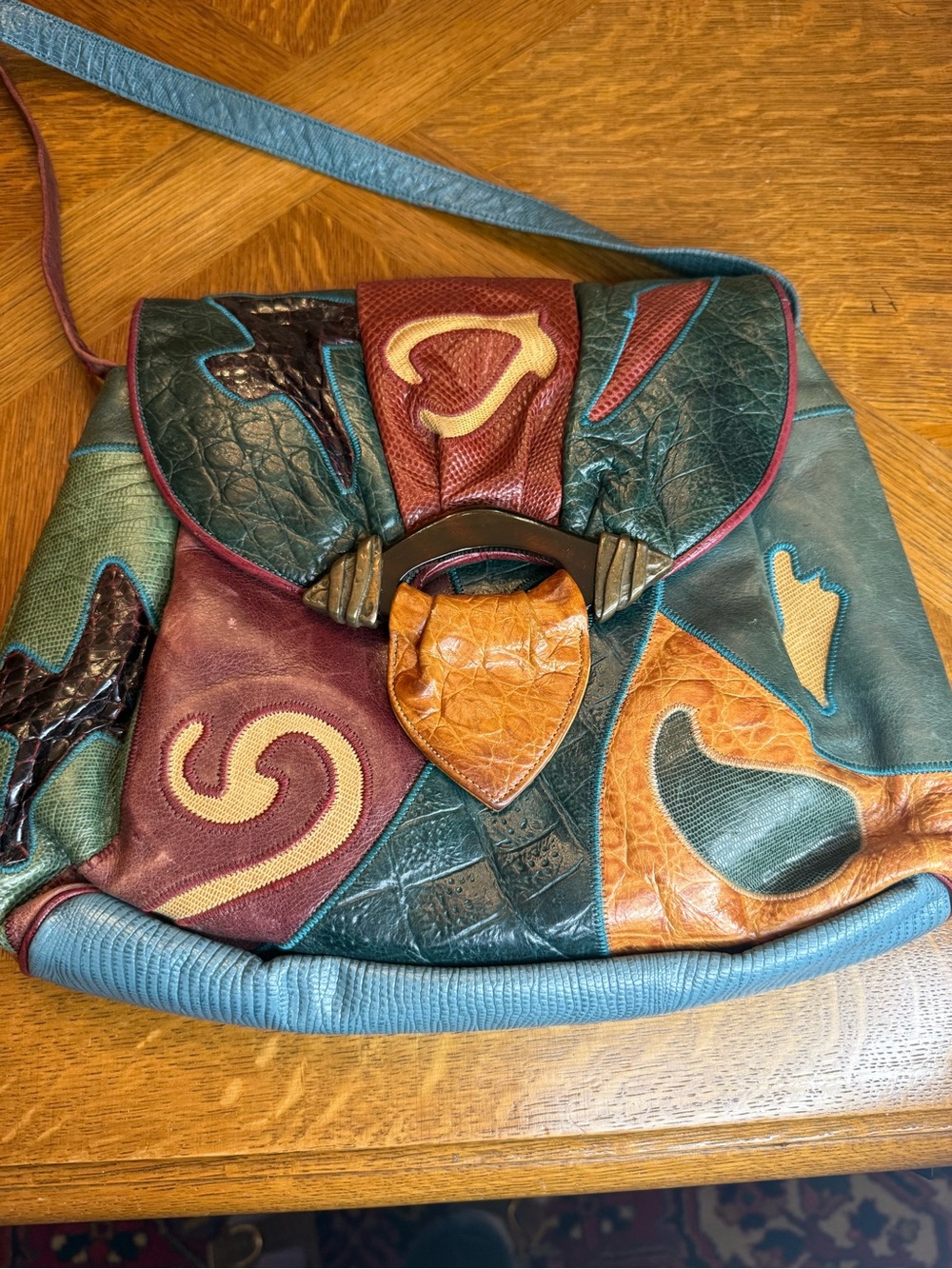 Sharif Vintage Colorblock Patchwork Leather Shoulder Bag - Teal, Burgundy & Tan
